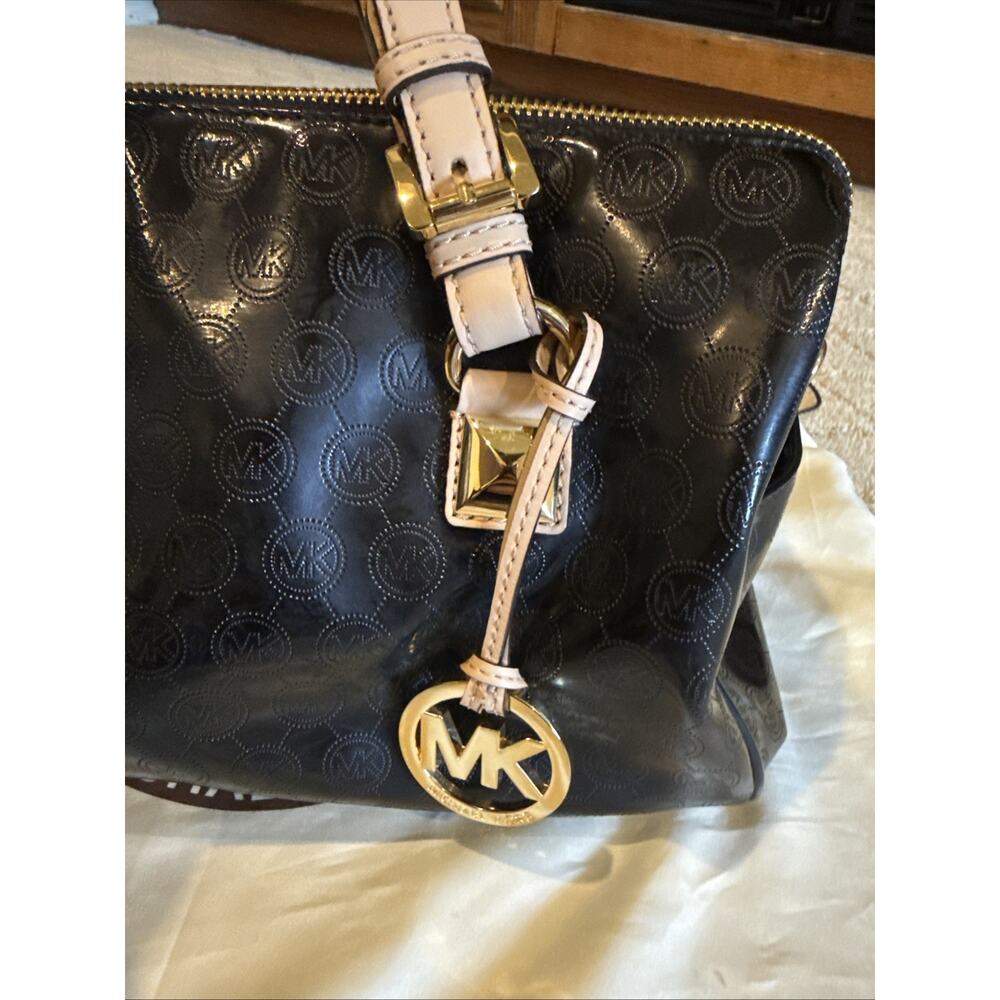 Michael Kors Grayson Black Patent Leather Satchel MK Logo Monogram Handbag Purse - Picture 3 of 10